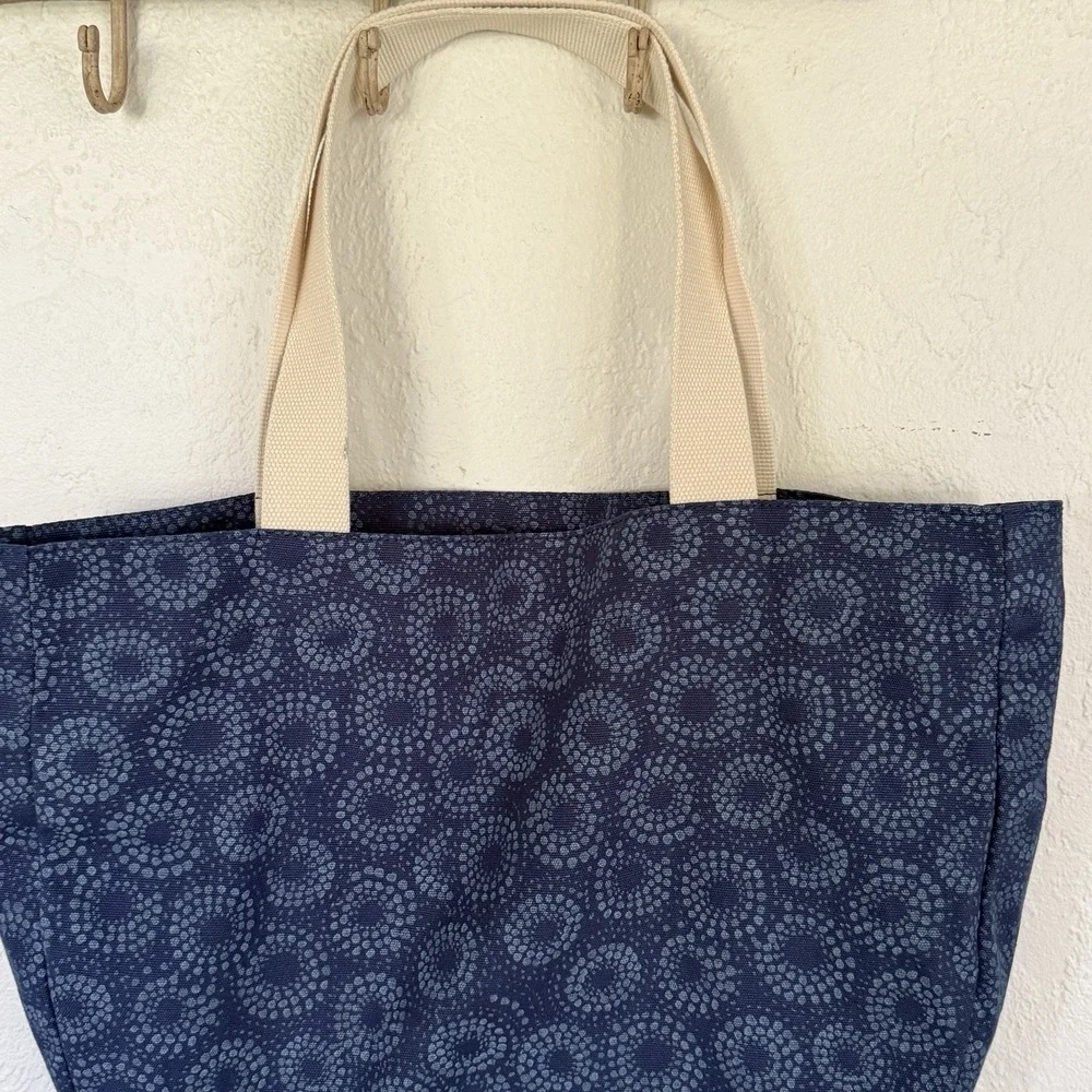 Life Is Good Navy Flower Print Cotton Canvas‎ Pockets Shoulder Tote Bag NWOT